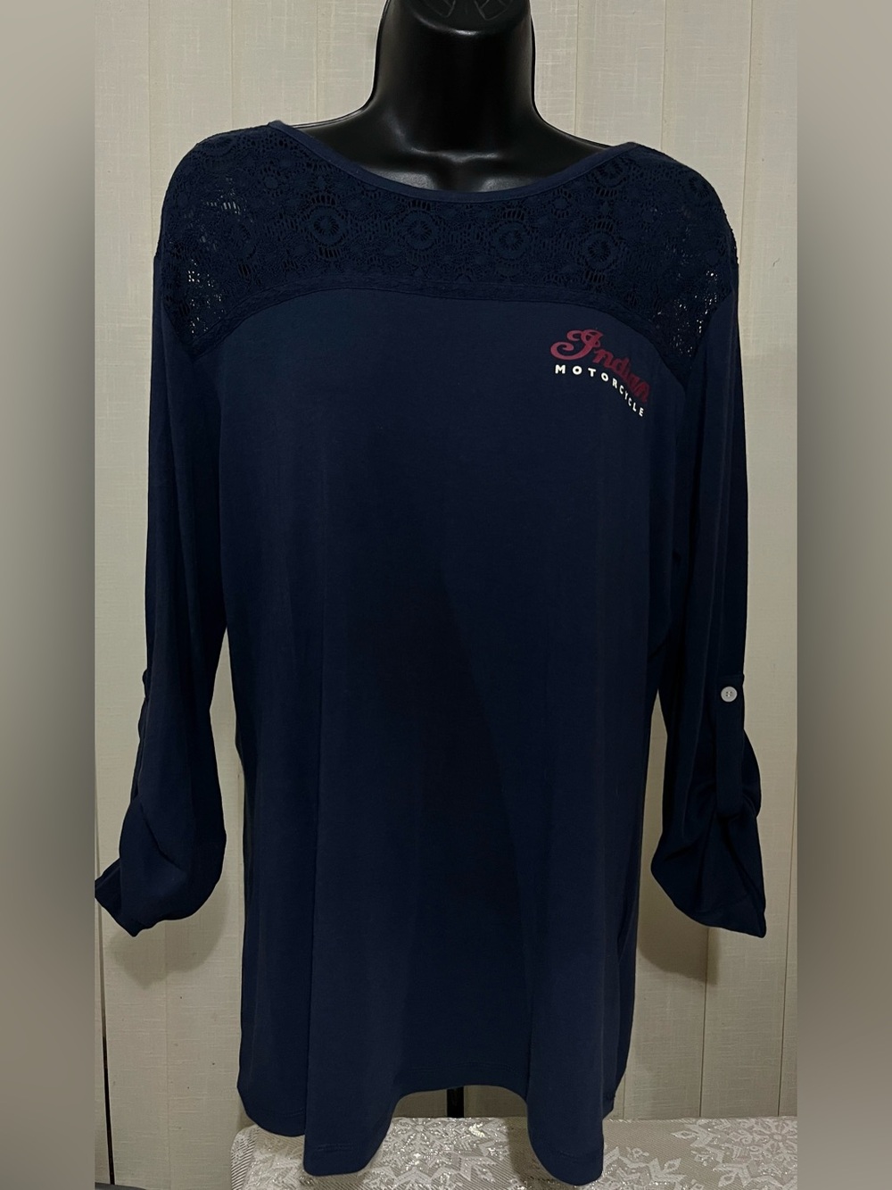 Indian Motorcycles Women’s Navy Blue Long Sleeve Lace Yoke Tee Size XL EUC